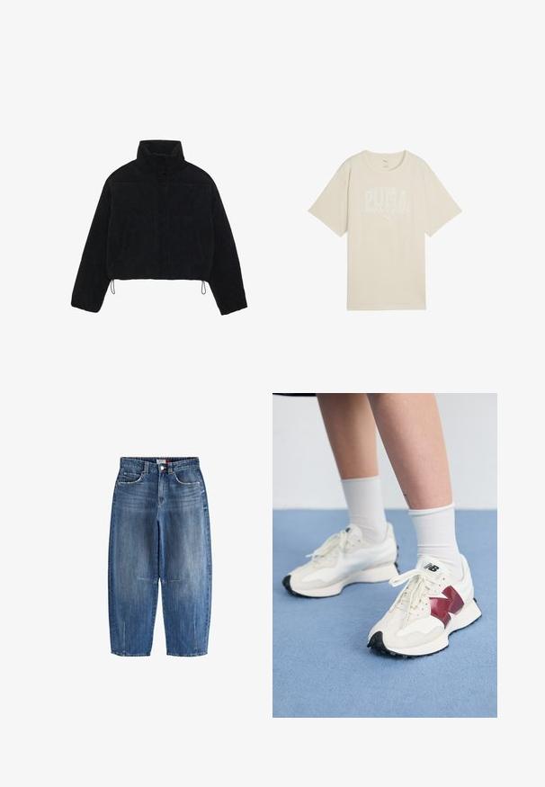 Zwarte corduroy cropped jas met een hoge kraag, drukknoopsluiting en twee zijzakken. Voorzien van een verstelbare trekkoord aan de zoom.; Beige katoenen t-shirt met een ontspannen pasvorm, voorzien van een witte grafische print met de tekst "PUMA sports club" en een klein logo erboven.; Denim jeans in medium blue, met een hoge taille, een cropped wijd-pijp ontwerp, voorzakken en zichtbare stiksels.; Een paar witte sneakers met bordeauxrode accenten, getextureerde panelen, een platte zwarte buitenzool en lichte veters, gedragen met witte enkelsokken.