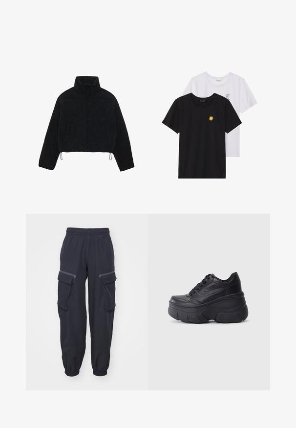Melna korduroja īsa jaka ar augstu apkakli, spiedpogu aizdari un divām sānu kabatām. Iekļauts regulējams aukla apakšmalā.; Melnbaltie t-krekli, ar apaļu kaklu, īsām piedurknēm. Melnais krekls ar dzeltenu saules izšuvumu; baltais ar purpursarkanu mēness akcentu.; Jūras spēku kravas bikses ar elastīgu jostasvietu, kurām ir divas sānu kabatas un elastīgas aproces, izgatavotas no mīksta, teksturēta auduma.; Melni šņorējami sporta apavi ar biezu zoli, ar gludu ādas augšdaļu, noapaļotu purngalu un izteiktu slāņveida platformas dizainu.