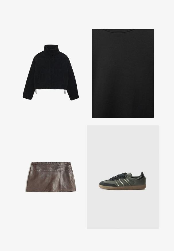 Črna korduroj jakna skrajšane dolžine z visokim ovratnikom, sponkami na sponke in dvema stranskima žepoma. Ima prilagodljivo vrvico na roba.; Črn bombažni material z gladko teksturo in okroglo izrezom, ki ima subtilen, enakomeren vzorec. Brez vidnih logotipov ali akcentov.; Rjava usnjena mini krila z okrasnim pasom in zanko za pas s sponko, gladka tekstura in eleganten, raven dizajn.; adidas Originals SAMBA OG - Športni copati - core black/legend earth/gum