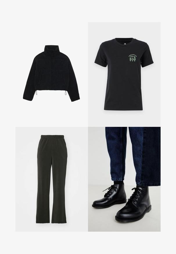 Čierny kordurový krátky kabát s vysokým golierom, cvokmi a dvoma bočnými vreckami. Obsahuje nastaviteľnú šnúrku na spodnom okraji.; Converse FOREST ART TEE - Tričko s potlačou - black; Čierne, mäkké nohavice z látky s elastickým pásom, s voľným strihom a rovnými nohavicami. Žiadne viditeľné vzory ani akcenty.; Čierne kožené členkové topánky s okrúhlymi špičkami, šnurovací design a kovové očká. Nosené s tmavomodrými džínsami, ktoré majú rovný strih.
