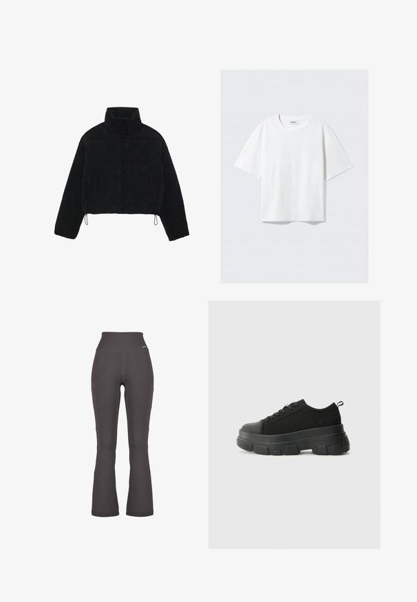Black corduroy cropped jacket with a high collar, snap fasteners, and two side pockets. Features an adjustable drawstring at the hem.; White short-sleeve t-shirt in soft cotton fabric, featuring a round neckline and relaxed fit with straight hem, plain without patterns or graphics.; Flared dark gray ribbed leggings with high waistband, made of stretchy material; smooth texture with subtle stitching details.; Black sneakers with a chunky rubber sole, textured fabric upper, round toe, and lace-up design. Features reinforced eyelets and back pull tab.