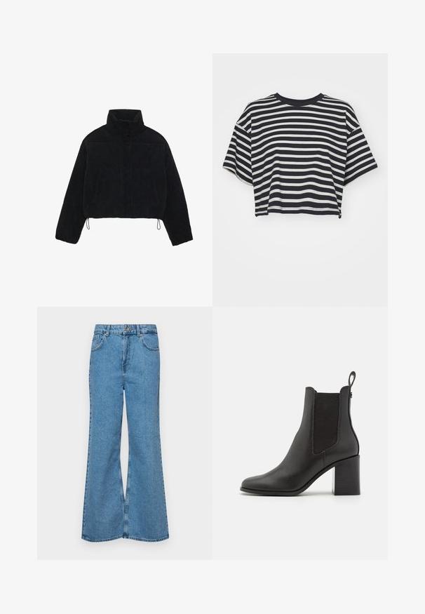 Melna korduroja īsa jaka ar augstu apkakli, spiedpogu aizdari un divām sānu kabatām. Iekļauts regulējams aukla apakšmalā.; Svītrainā īsā t-kreklā jūras zilā un baltā krāsā. Īsas piedurknes, apaļa kakla izgriezums, mīksts audums ar horizontālām svītrām un brīvu piegriezumu.; Gaiši zili, platā piegriezuma džinsi, kas izgatavoti no denima, ar augstu jostasvietu, piecām kabatām un vienu pogu. Mīksta tekstūra ar nolietotu apdari.; Melnas augstpapēžu potītes zābaki, izgatavoti no gludas ādas, ar elastīgām sānu panēm, noapaļotu pirkstu un kvadrātveida bloku papēdi.