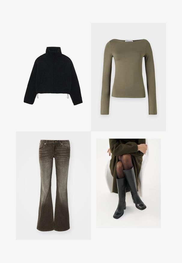 Chaqueta de pana negra cortada con un cuello alto, cierres a presión y dos bolsillos laterales. Presenta un cordón ajustable en el dobladillo.; Top verde oliva de manga larga con un diseño ajustado, hecho de una tela suave y elástica con un escote ancho y costuras mínimas.; Jeans de campana en tejido gris oscuro con un acabado desgastado. Cuenta con cinco bolsillos, cierre de botón delantero y detalles de costura sutiles.; Botas de cuero negro hasta la rodilla con puntera cuadrada y tacón de bloque, presentadas con un modelo sentado en un abrigo verde oliva. Textura suave, mínimo detalle.