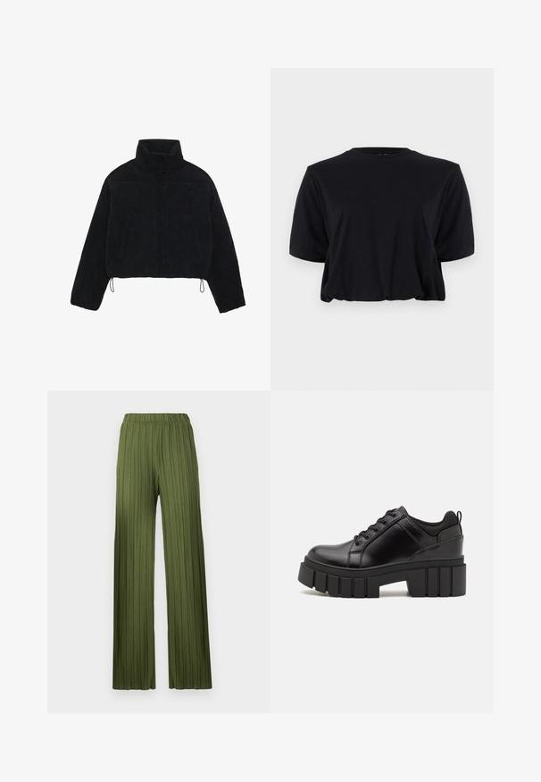 Crna krojena baršunasta jakna s visokim ovratnikom, kopčanjem na drukere i dva bočna džepa. Ima podesivu vezicu na rubu.; Crna skraćena pamučna majica s kratkim rukavima i okruglim izrezom, koja se ističe čistim, besprijekornim dizajnom i mekom teksturom.; Zelene, plisirane hlače širokog kroja s elastičnim pojasom. Tekstura tkanine sadrži vertikalne pruge koje daju lepršav izgled.; Crne kožne platforme s debelim blok-peta, okruglim prstima i klasičnim dizajnom vezanja. Imaju gladak tekstur i minimalne detalje.