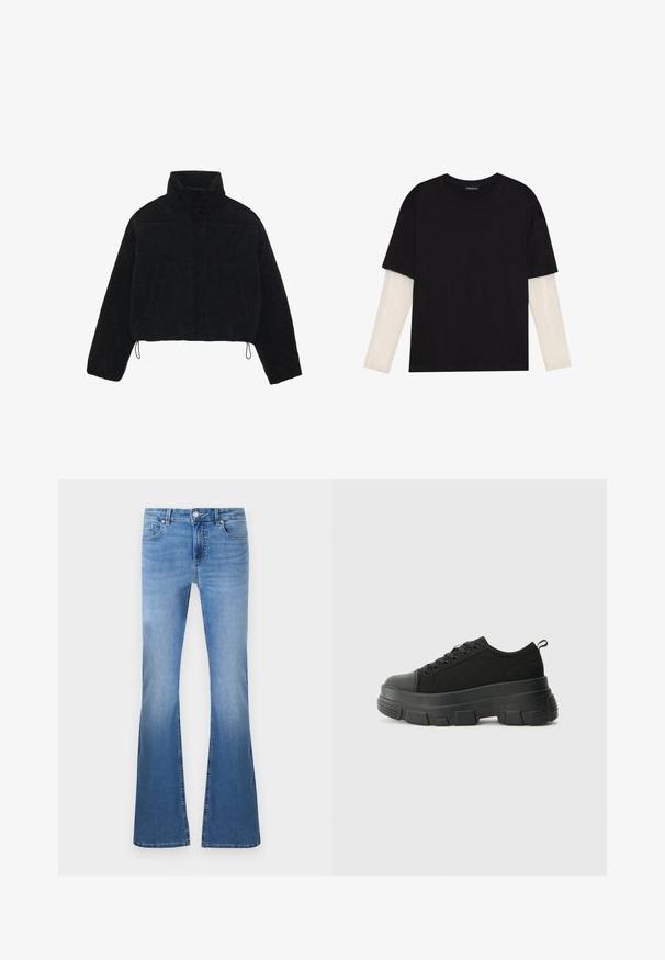 Svart corduroy cropped jakke med høy krage, trykknapper og to sidelommer. Har justerbar snøring i kanten.; Svart T-skjorte laget av bomull, med korte ermer over et hvitt langermet lag med en subtil teksturert mønster. Rund hals design.; Lys blå flagrende jeans med en falmet overflate, med frontknapp og glidelås, fem-lommers stil og synlige sømmer.; Svarte sneakers med en kraftig gummisåle, teksturert stoffoverdel, rund tå og snøring. Har forsterkede snørehull og bakre trekkstang.