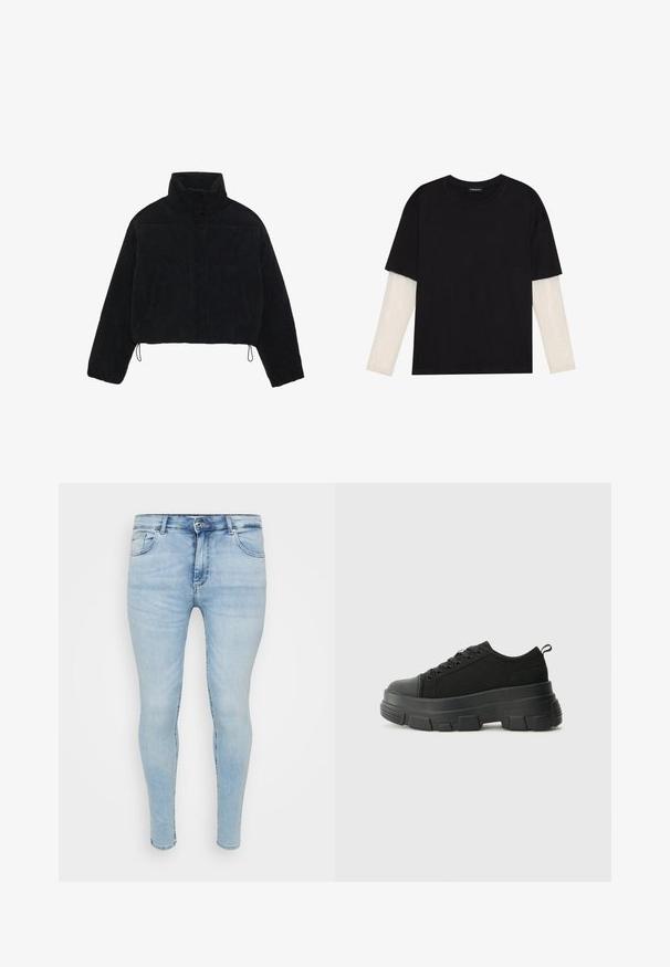 Μαύρο καμπαρντίνα cropped jacket με ψηλό γιακά, κλείσιμο με κουμπιά και δύο πλαϊνές τσέπες. Διαθέτει ρυθμιζόμενο κορδόνι στο στρίφωμα.; Μαύρο μπλουζάκι από βαμβάκι, με κοντά μανίκια πάνω από ένα λευκό μπλουζάκι με μακριά μανίκια και διακριτό υφασμάτινο σχέδιο. Σχέδιο με στρογγυλή λαιμόκοψη.; Ανοιχτογάλαζες εφαρμοστές τζιν παντελόνες με κλασικό σχέδιο πέντε τσεπών, κούμπωμα με κουμπί και φερμουάρ, και ξεθωριασμένη υφή στο ύφασμα.; Μαύρα αθλητικά παπούτσια με χοντρή καουτσουκένια σόλα, υφασμάτινη υφή στην κορυφή, στρογγυλή μύτη και σχέδιο με κορδόνια. Διαθέτουν ενισχυμένα δαχτυλίδια και λαβή στο πίσω μέρος.