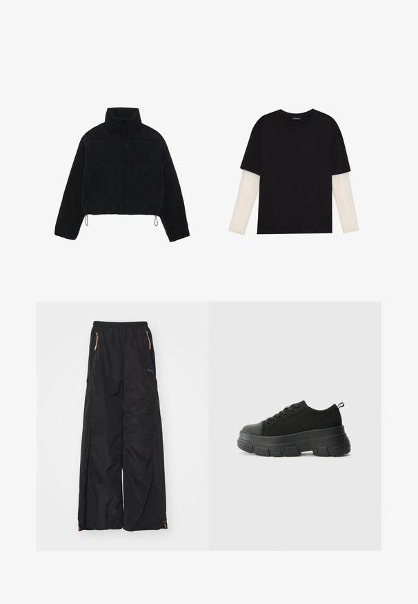 Čierny kordurový krátky kabát s vysokým golierom, cvokmi a dvoma bočnými vreckami. Obsahuje nastaviteľnú šnúrku na spodnom okraji.; Čierne tričko z bavlny, s krátkymi rukávmi cez biele tričko s dlhým rukávom, s jemným textúrovaným vzorom. Design s okrúhlym výstrihom.; Čierne nohavice so širokými nohavicami vyrobené z ľahkého materiálu, s elastickým pásom, dvoma zipsovými vreckami a oranžovými kovovými akcentmi.; Čierne tenisky s masívnou gumovou podrážkou, textúrovaným textilným zvrškom, okrúhlou špičkou a šnurovaním. Obsahujú spevnené očká a zadný úchop.