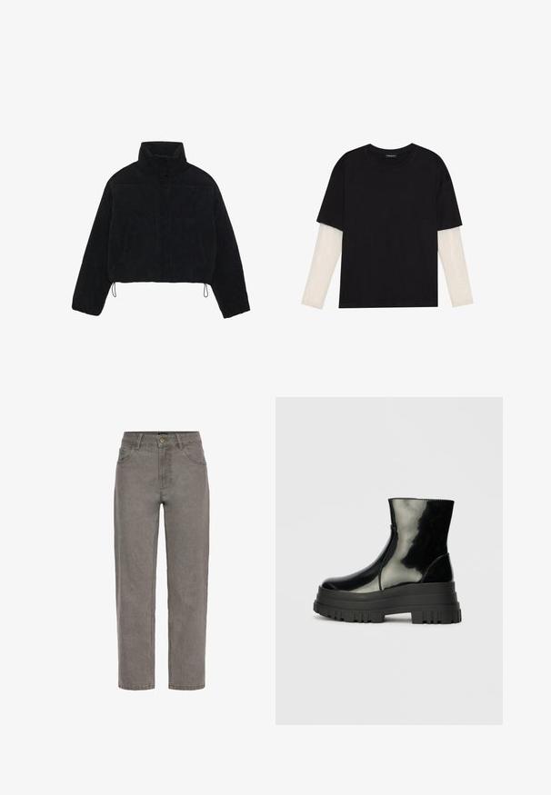 Juodas smailias trumpoji džinsinė striukė su aukštu apykakle, spaudėmis ir dviem šoninėmis kišenėmis. Yra reguliuojama virvutė prie hem.; Juodas medvilninis marškinėliai su trumpomis rankovėmis, virš baltos ilgo rankovio sluoksnio, turinčio subtilų tekstūrinį raštą. Apvalus iškirpimas.; Pilki džinsai su tiesių kojų dizainu, turintys sagties užsegimą, diržo kilpas ir dvi priekinės kišenes. Taisyklinga tekstūra per visą paviršių.; Juodas blizgus kulkšninis botas su storu iškilniu padu ir apvaliu pirštu, šoninis vaizdas ant vientiso šviesiai pilko fono.