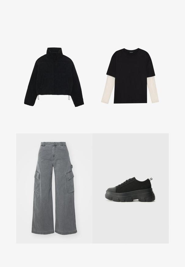 Czarna kurtka z kordurowego materiału o kroju cropped, z wysokim kołnierzem, zapięciami na napy i dwoma bocznymi kieszeniami. Posiada regulowany sznurek na dole.; Czarny T-shirt wykonany z bawełny, z krótkimi rękawami na białej warstwie z długim rękawem z delikatnym teksturowanym wzorem. Projekt z okrągłym dekoltem.; Szare szerokie spodnie cargo wykonane z bawełny, z dwoma bocznymi kieszeniami cargo i wysokim stanem, o gładkim, lekko strukturalnym wykończeniu.; Czarne sneakersy z masywną gumową podeszwą, teksturowaną górną częścią, okrągłym noskiem i sznurowanym zapięciem. Posiadają wzmocnione oczka i pętelkę z tyłu.