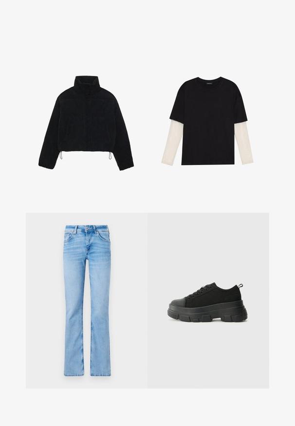 Črna korduroj jakna skrajšane dolžine z visokim ovratnikom, sponkami na sponke in dvema stranskima žepoma. Ima prilagodljivo vrvico na roba.; Črna majica iz bombaža s kratkimi rokavi, ki pokriva belo dolgi rokav z subtilnim teksturiranim vzorcem. Oblika izrezanega vratu.; Svetlo modri kavbojki s flared krojem, petimi žepi, zadrgo na gumb in pasnimi zankami, ki imajo zbledela območja in gladko teksturo.; Črne teniske z debelim gumijastim podplatom, zgornji del iz teksturirane tkanine, okrogla punta in zavezovanje z vrvicami. Vključujejo ojačane luknje za vrvice in zanko na hrbtu.