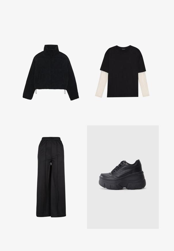Fekete kordbársony cropped dzseki magas gallérral, patentgombokkal és két oldalsó zsebbel. Az alján állítható zsinór található.; Fekete pamut póló, rövid ujjal, fehér hosszú ujjú réteg fölött, finom textúrával. Kerek nyakkivágású dizájn.; Fekete, bő szárú nadrág rugalmas derékpánttal, sima anyaggal és látható varrásokkal. Relaxált, laza, áramló fazonjával rendelkezik.; Fekete fűzős sportcipők vastag talppal, sima bőrből készült felső résszel, kerek orral és jellegzetes, réteges platform dizájnnal.