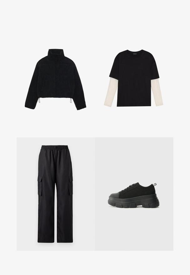 Svart corduroy cropped jakke med høy krage, trykknapper og to sidelommer. Har justerbar snøring i kanten.; Svart T-skjorte laget av bomull, med korte ermer over et hvitt langermet lag med en subtil teksturert mønster. Rund hals design.; Sorte cargo-bukser med elastisk liv, to side lommer og et avslappet, vid ben-designe. Laget av glatt, lett materiale.; Svarte sneakers med en kraftig gummisåle, teksturert stoffoverdel, rund tå og snøring. Har forsterkede snørehull og bakre trekkstang.