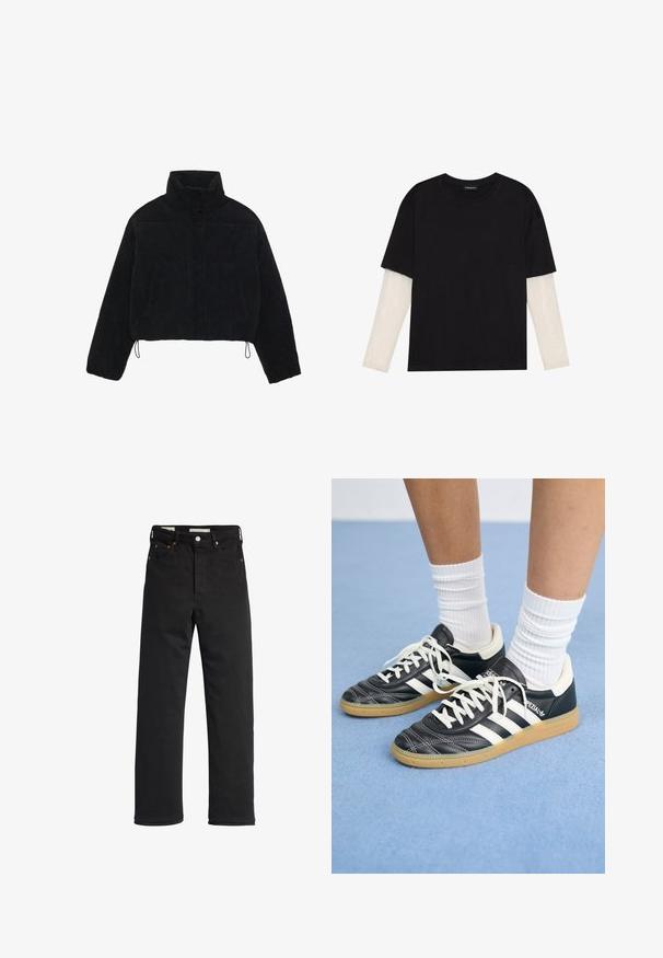 Casaco curto de veludo côr preto com colarinho alto, fechos de pressão e dois bolsos laterais. Apresenta um cordão ajustável na bainha.; T-shirt preta de algodão, com mangas curtas sobre uma camada de mangas longas branca com um padrão texturizado subtil. Design de decote redondo.; Jeans de ganga pretos com um corte reto, apresentando uma cintura alta, design de cinco bolsos, fecho de botão metálico e detalhes de costura mínimos.; Sapatilhas de couro preto com riscas brancas, biqueira redonda, atacadores brancos e sola de borracha de goma. Destacadas pelo colarinho acolchoado e detalhes de marca.