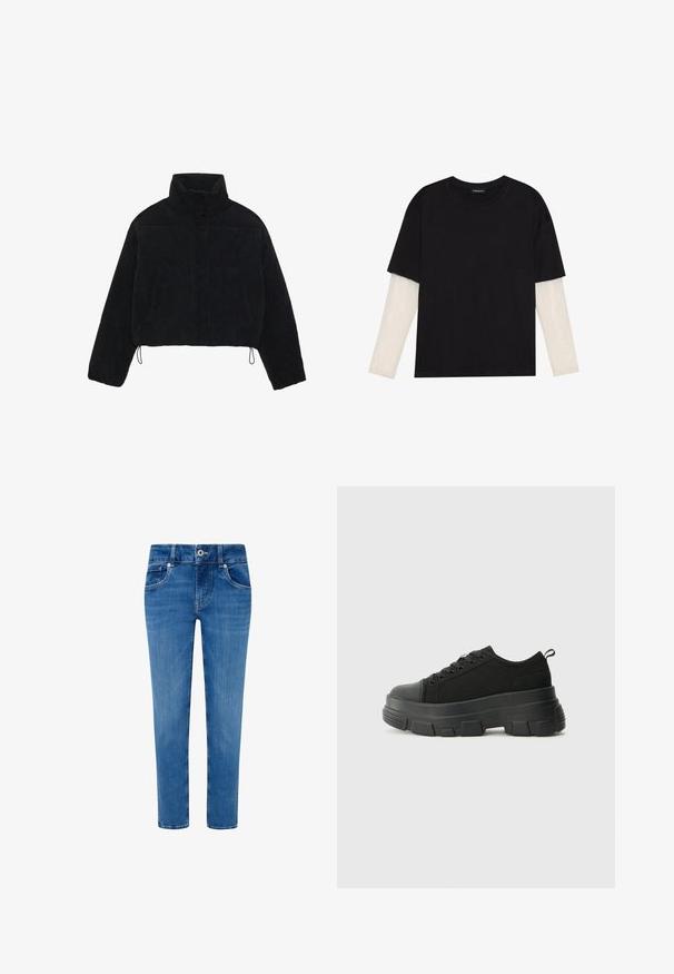 Črna korduroj jakna skrajšane dolžine z visokim ovratnikom, sponkami na sponke in dvema stranskima žepoma. Ima prilagodljivo vrvico na roba.; Črna majica iz bombaža s kratkimi rokavi, ki pokriva belo dolgi rokav z subtilnim teksturiranim vzorcem. Oblika izrezanega vratu.; Modre kavbojke z oprijetim krojem, petimi žepi in ravnim rezom. Imajo gumb in zadrgo za zapiranje v pasu.; Črne teniske z debelim gumijastim podplatom, zgornji del iz teksturirane tkanine, okrogla punta in zavezovanje z vrvicami. Vključujejo ojačane luknje za vrvice in zanko na hrbtu.