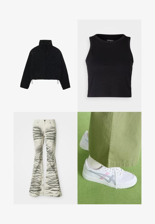 Juodas smailias trumpoji džinsinė striukė su aukštu apykakle, spaudėmis ir dviem šoninėmis kišenėmis. Yra reguliuojama virvutė prie hem.; Juodas kanalų rašto trumpas topas su apvaliu iškirpimu ir be rankovių dizainu. Pagaminta iš minkštos, elastingos medžiagos, kurios kraštai tvarkingai apdirbti.; Šviesių spalvų platiems džinsams su juodomis tekstūruotomis horizontaliomis juostelėmis ir raukšlių detalėmis, su priekinėmis kišenėmis ir metaliniu segtuku.; Baltos sportbačiai su pilkais ir rožiniais akcentais, turintys lygius odinius paviršius, perforuotą pirštų dalį ir lygų baltą pado, derinami su alyvuogių spalvos kelnėmis.