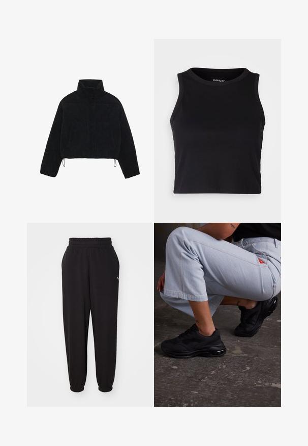 Černá kordurová zkrácená bunda s vysokým límcem, patentky a dvěma bočními kapsami. Obsahuje nastavitelnou šňůrku na lemu.; Černý žebrovaný krátký top bez rukávů s kulatým výstřihem. Vyrobeno z měkké a elastické látky, s čistými zakončenými lemy.; Černé tepláky vyrobené z měkké látky, s ribbovaným pasem a stáhnutými kotníky. Obsahují malé logo na boku.; Černé sportovní tenisky s texturovaným svrškem, silnou podrážkou a vzduchovým odpružením. Spárovány s světle modrými zkrácenými kalhotami v ležérní pozici.