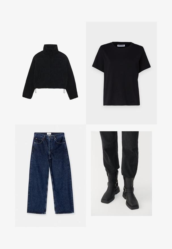 Black corduroy cropped jacket with a high collar, snap fasteners, and two side pockets. Features an adjustable drawstring at the hem.; Black short-sleeve t-shirt made of cotton. Features a crew neckline and relaxed fit. Label reads “WEEKDAY” at the collar.; Dark blue denim wide-leg jeans featuring a high waist, front pockets, and a smooth texture with subtle stitching accents.; Black leather ankle boots with a square toe, featuring a wide strap and metal buckle detail. The boots have a chunky sole and smooth texture.