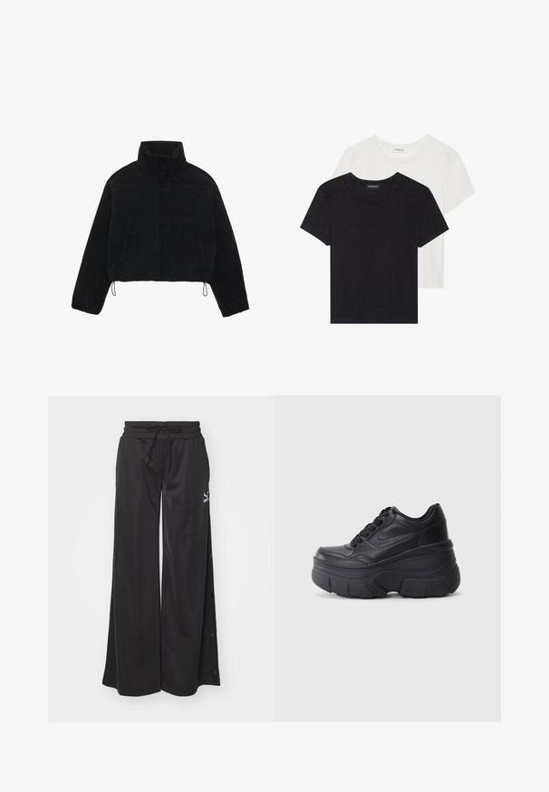 Schwarze Cordjacke mit Cropped-Schnitt, hohem Kragen, Druckknöpfen und zwei Seitentaschen. Verfügt über einen verstellbaren Kordelzug am Saum.; Zwei Kurzarm-T-Shirts in Schwarz und Weiß. Aus weicher Baumwolle gefertigt, mit einem runden Halsausschnitt und standardmäßiger Passform, die dezente Nähedetails aufweisen.; Puma CLASSICS POPPER - Jogginghose - black; Schwarze Schnürsneaker mit einer klobigen Sohle, ausgestattet mit einem glatten Leder-Obermaterial, runder Zehenpartie und markantem, geschichteten Plattformdesign.