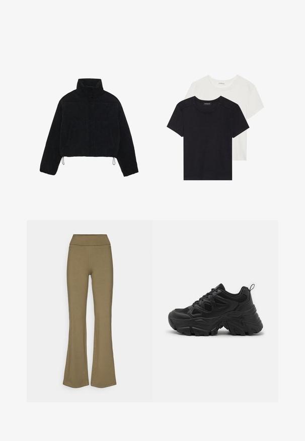 Černá kordurová zkrácená bunda s vysokým límcem, patentky a dvěma bočními kapsami. Obsahuje nastavitelnou šňůrku na lemu.; Dvě trička s krátkým rukávem v černé a bílé barvě. Vyrobena z měkké bavlny, mají kulatý výstřih a standardní střih s minimálními švy.; Olivově zelené rozšířené kalhoty vyrobené z měkké tkaniny s vysokým pasem. Mají hladkou texturu a žádné viditelné vzory nebo kovové akcenty.; Černé sportovní boty s texturovaným síťovým svrškem, zakřivenou gumovou podrážkou a výrazným vzorem běhounu. Obsahují integrované šněrování a poutko.