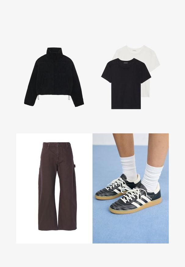 Musta corduroy-tyylinen lyhyt takki, jossa on korkea kaulus, nepparikiinnitys ja kaksi sivutaskua. Takissa on säädettävä nyöri helmassa.; Kaksi lyhythihaista t-paitaa mustana ja valkoisena. Valmistettu pehmeästä puuvillasta, jossa on pyöreä kaula-aukko ja normaali istuvuus, jossa on minimaalista ompelutaitoa.; Ruske hlače s širokim nogavicama, narejene iz trpežnega blaga. Imajo stranske žepke in gumbasto zapiranje. Preprosti detajli šivanja.; Mustat nahkasneakerit valkoisilla raidoilla, pyöreä kärki, valkoiset nauhat ja kumipohja. Korostaa pehmustettua kaulusta ja brändäysohjeita.