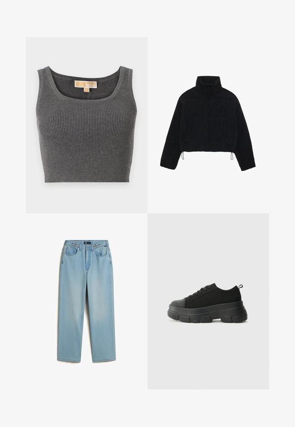Sort fløjl cropped jakke med høj krave, trykknapper og to sidelommer. Har en justerbar snor i kanten.; Grå ribbet crop top med en bred bådhals. Har en glat tekstur og en etiket med teksten "MICHAEL" på den indre halsudskæring.; Vans CINCHED CHECK 5 - Jeans Straight Leg - light stonewash; Sorte sneakers med en kraftig gummisål, tekstureret stofoverdel, rund tå og snørredesign. Har forstærkede snørrehuller og en trækkrog bagpå.