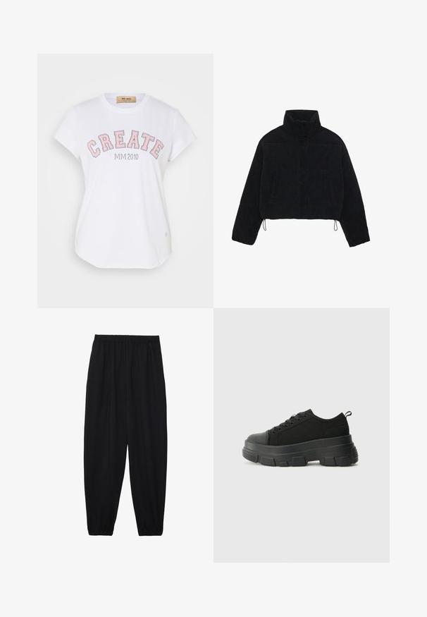 Fekete kordbársony cropped dzseki magas gallérral, patentgombokkal és két oldalsó zsebbel. Az alján állítható zsinór található.; Fehér pamut póló rövid ujjakkal, kerek nyakkivágással, nagy rózsaszín keretes "CREATE" felirattal, alatta pedig a "MIVI 2010" felirattal.; Fekete, könnyű nadrág elasztikus derékkal és ráncolt bokákkal. Az anyag sima és laza, szűkített dizájnnal rendelkezik.; Fekete sportcipők vastag gumitalppal, texturált szövet felsőrésszel, kerek orral és fűzős kialakítással. Megerősített fűzőlyukakkal és hátsó húzófüllel rendelkezik.