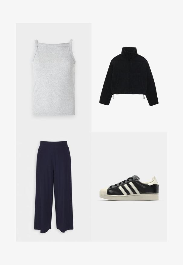 Juodas smailias trumpoji džinsinė striukė su aukštu apykakle, spaudėmis ir dviem šoninėmis kišenėmis. Yra reguliuojama virvutė prie hem.; Pilka raštuota treniruotė su plonomis petnešomis ir prigludusia išvaizda, pasižyminti minkšta tekstūra ir be siūlių kraštais patogumui.; Plati kojinės tamsiai mėlynos spalvos audiniu su vagelėmis. Turi lygų juosmenį ir laisvą siluetą, kuris siekia iki pusės blauzdos.; Juodi odiniai sportiniai bateliai su baltais dryžiais, guminis toe kapas, juodi raišteliai ir kreminis padas. Lygus pavirčius su blizgiu finišu.