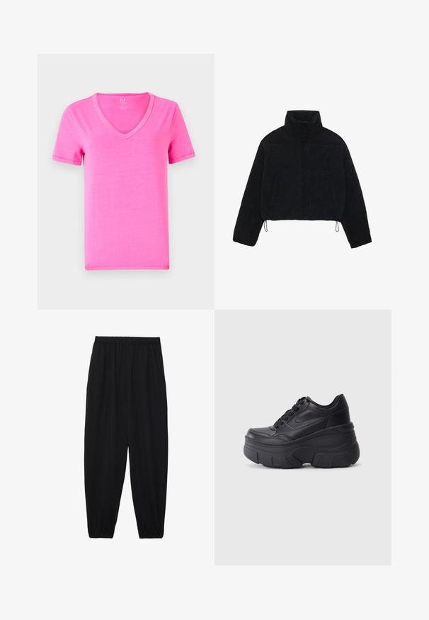 Mustmust kootud lühikeses jopes kõrge kaelusega, nupuvajutustega kinnitused ja kaks külgtaskut. Erakordne omadus on reguleeritav nöörike hemil.; Lühikeste varrukatega roosa T-särk V-kaelusega, pehmest materjalist, klassikalise lõikega ning peente õmblusteadetega varrukatel ja ääristel.; Mustad, kerge kangas püksid elastse vöökoha ja kokku volditud pahkluudega. Kanga pind on sile ja disain on lõdvestunud, kitsenev.; Mustad mustaga värvi kingad, millel on paks tald, sile nahk peals, ümar nina ja eristuva kihilise platvormi disain.