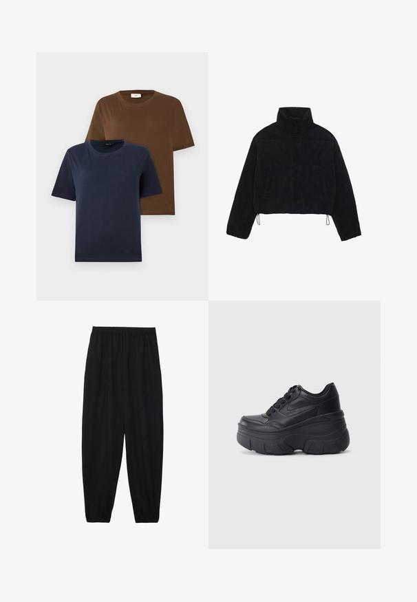 Musta corduroy-tyylinen lyhyt takki, jossa on korkea kaulus, nepparikiinnitys ja kaksi sivutaskua. Takissa on säädettävä nyöri helmassa.; Kaksi lyhythihaista t-paitaa: toinen tummansinisessä, toinen rikkaan ruskeassa. Molemmissa on pyöreä kaula-aukko ja pehmeä, sileä puuvillakangas.; Mustat, kevyet housut, joissa on joustava vyötärö ja kerätyt nilkat. Kangas on sileä ja siinä on rento, kapeneva muotoilu.; Musta nauhallinen lenkkarit, joissa on paksu pohja, ja jotka sisältävät sileästä nahasta valmistetun yläosan, pyöreän kärjen ja erottuvan kerroksittain muotoillun pohjan.