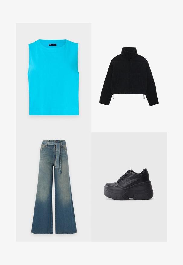 Schwarze Cordjacke mit Cropped-Schnitt, hohem Kragen, Druckknöpfen und zwei Seitentaschen. Verfügt über einen verstellbaren Kordelzug am Saum.; Ärmelloses, leuchtend Türkis Oberteil aus weicher Baumwolle. Verfügt über einen runden Ausschnitt und einen geraden, verkürzten Saum ohne sichtbare Verschlüsse.; Weit geschnittene Denim-Hosen mit einem Farbverlauf von hellblau zu dunkelblau, hoher Taille, Gürtelschlaufen und einem passenden Stoffgürtel. Strukturierte Denim-Oberfläche.; Schwarze Schnürsneaker mit einer klobigen Sohle, ausgestattet mit einem glatten Leder-Obermaterial, runder Zehenpartie und markantem, geschichteten Plattformdesign.
