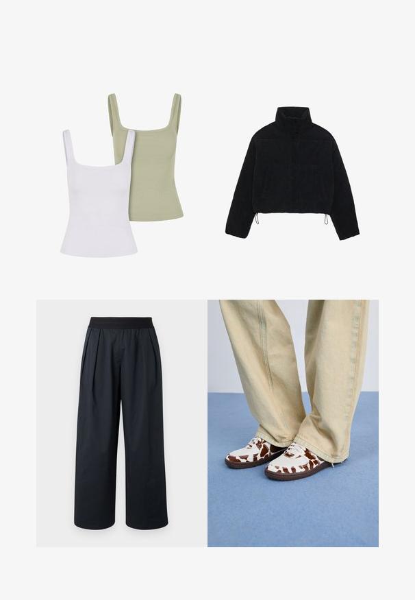 Jachetă scurtă din catifea neagră, cu guler înalt, capse și două buzunare laterale. Are un șnur ajustabil la tiv.; Două topuri fără mâneci cu striații; unul alb și unul verde deschis. Ambele au decolteuri pătrate și bretele late, fiind fabricate dintr-un material moale și elastic.; Pantaloni negri cu croială largă, pliuri frontale, talie elastică și textură netedă a materialului. Au o croială lejeră și lungime scurtată.; Tenisi albi cu model maro, confecționați din plasă și piele, având talpă din cauciuc maro. Asortați cu pantaloni lejeri de culoare bej deschis, cu croială largă.