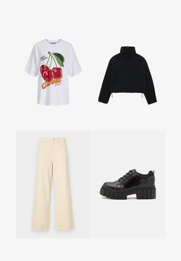 Melna korduroja īsa jaka ar augstu apkakli, spiedpogu aizdari un divām sānu kabatām. Iekļauts regulējams aukla apakšmalā.; Baltas T-krekls ar grafiku, kurā attēlotas sarkanās ķiršiem ar zaļām lapām, un teksts "Saldā augļa" oranžā un rozā krāsā. Kokvilnas materiāls, brīvi pieguļošs.; Bežīgas platpēdas džinses, izgatavotas no kokvilnas. Iekļauj pogu aizdari, jostas cilpas un priekšējos kabatas ar gludu, mīkstu tekstūru.; Melnas ādas platformas kurpes ar masīvu bloku papēdi, apaļu purngalu un tradicionālu saistīšanas dizainu. Izceļas ar gludu tekstūru un minimālu apdari.