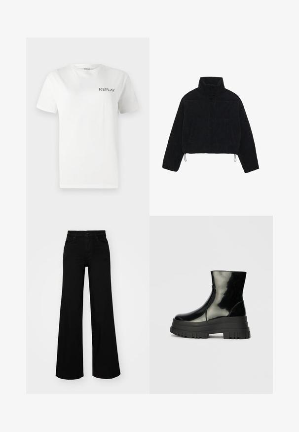 Sort fløjl cropped jakke med høj krave, trykknapper og to sidelommer. Har en justerbar snor i kanten.; Hvid bomulds T-shirt med korte ærmer, rund hals, med et lille sort "REPLAY" logo på venstre brystområde. Glat tekstur.; Sorte bukser med bred benvidde lavet af denim, med en struktureret talje, bæltesløjfer og forlommer. Glat tekstur med et klassisk design.; Sort, blanklækkert ankelstøvle med tyk sål og rund tå, set fra siden på en ensartet lys grå baggrund.