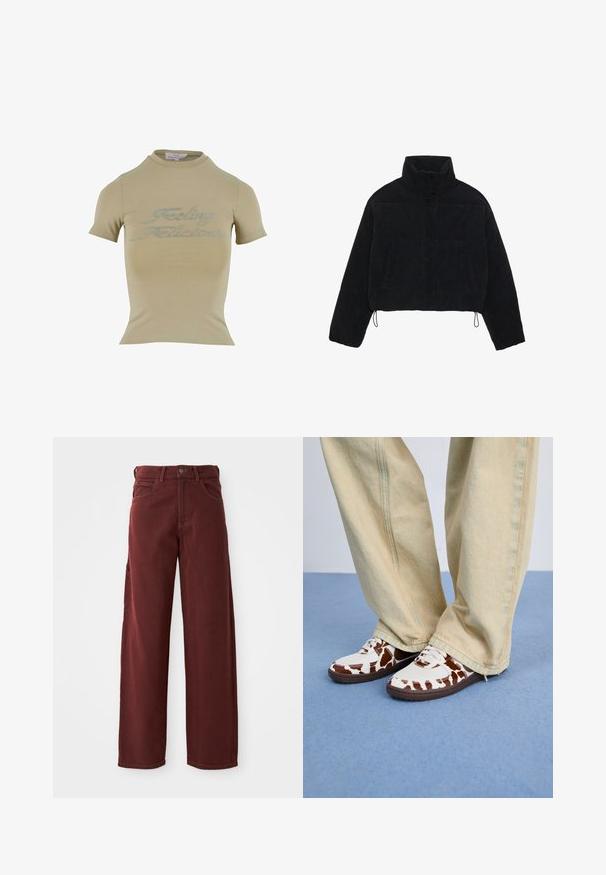 Mustmust kootud lühikeses jopes kõrge kaelusega, nupuvajutustega kinnitused ja kaks külgtaskut. Erakordne omadus on reguleeritav nöörike hemil.; Khaki värvi lühikeste varrukatega T-särk kõrge kaelusega, mille esiosal on läikivad rhinestone-kirjad "Feeling Fabulous". Sile kangastekstuuri.; Burgundi värvi laiad püksid, millel on siledast puuvillast materjalist valmistatud kangas, ees olev nappide sulgemine, vöökohad ja mitmed taskud.; Valge ja pruun mustriga tossud, millel on võrk ja nahk, pruuni kummitaldaga. Kombineeritud heledate beežide laia säärega pükstega.