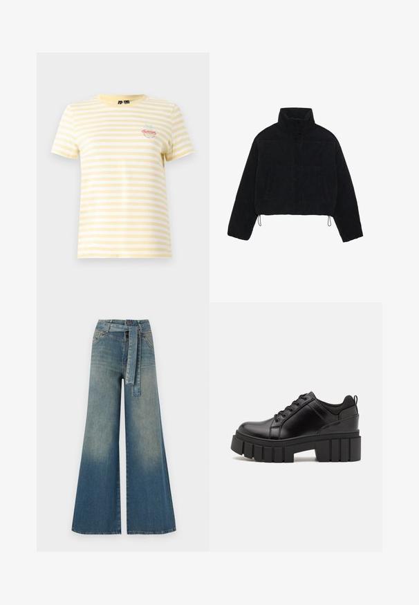 Mustmust kootud lühikeses jopes kõrge kaelusega, nupuvajutustega kinnitused ja kaks külgtaskut. Erakordne omadus on reguleeritav nöörike hemil.; Kollane ja valge triibuline lühikeste varrukatega särk ümmarguse kaelusega. Omab tikandiga "Suvi" graafikat ja palmi detaili.; Laiad denimpüksid, millel on hele tume sinine gradiendiefekt, kõrge vöökoht, vöökumlid ja sobivast kangast vöö. Struktureeritud denimi viimistlus.; Must musta platvormsussid paksu plokkninal, ümmarguse varbaga ja traditsioonilise nööridega kinnitamisega. Sussid on sileda tekstuuriga ja minimaalsete detailidega.