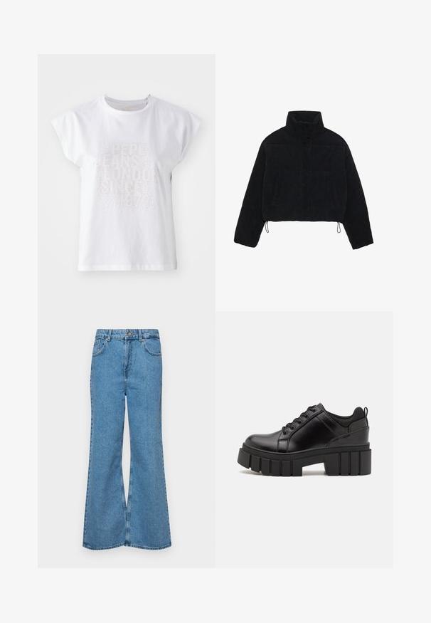 Černá kordurová zkrácená bunda s vysokým límcem, patentky a dvěma bočními kapsami. Obsahuje nastavitelnou šňůrku na lemu.; Bílá bavlněná tričko s krátkými rukávy, s vyraženým textem "PEPE JEANS LONDON SINCE 1973" z malých, třpytivých kamínků na přední straně.; Světle modré rozšířené džíny z denimu, se zvýšeným pasem, pěti kapsami a jedním knoflíkem na zapínání. Měkký povrch s vybledlým vzhledem.; Černé kožené platformové boty s masivním blokovým podpatkem, kulatou špičkou a tradičním šněrováním. Mají hladký povrch a minimální detaily.