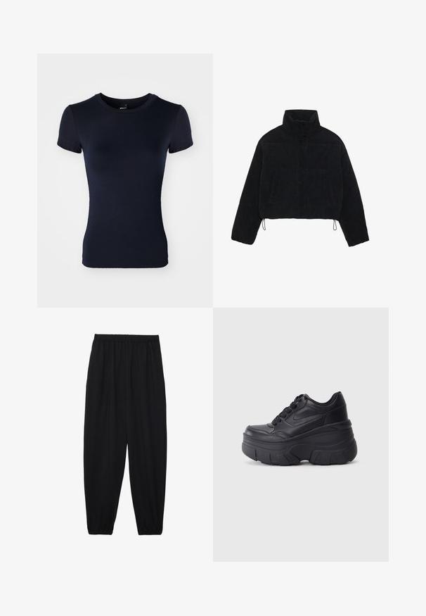 Mustmust kootud lühikeses jopes kõrge kaelusega, nupuvajutustega kinnitused ja kaks külgtaskut. Erakordne omadus on reguleeritav nöörike hemil.; Tumesinine lühikeste varrukatega T-särk, mis on valmistatud siledast ja venivast kangast. Omab ümarat kaelust ja sobivat siluetti. Ilma mustrite või aksessuaarideta.; Mustad, kerge kangas püksid elastse vöökoha ja kokku volditud pahkluudega. Kanga pind on sile ja disain on lõdvestunud, kitsenev.; Mustad mustaga värvi kingad, millel on paks tald, sile nahk peals, ümar nina ja eristuva kihilise platvormi disain.