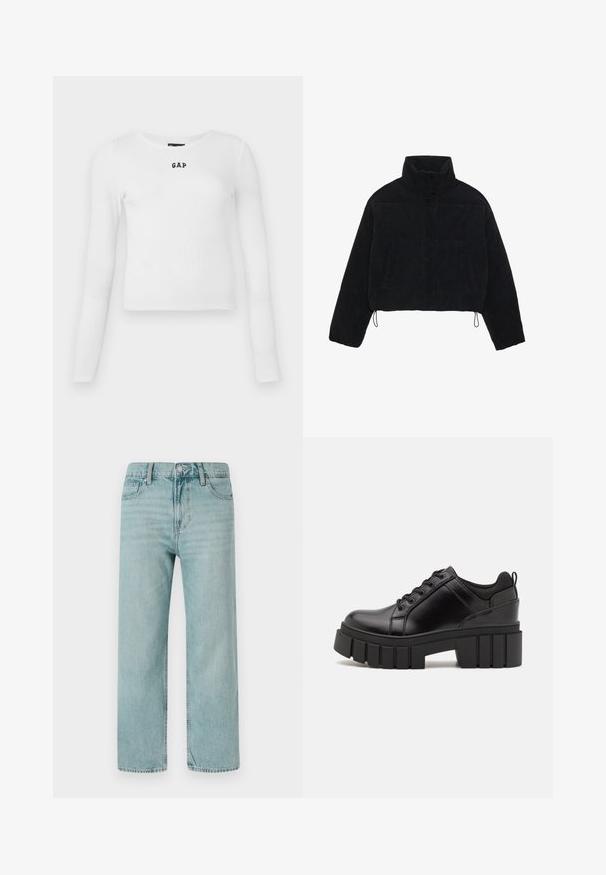 Czarna kurtka z kordurowego materiału o kroju cropped, z wysokim kołnierzem, zapięciami na napy i dwoma bocznymi kieszeniami. Posiada regulowany sznurek na dole.; Biała, długorękawowa bluzka ribbed z okrągłym dekoltem i małym czarnym logo "GAP" na środku. Miękka, elastyczna tkanina o dopasowanym kroju.; Jasnoniebieskie dżinsy szerokie w nogawkach, wykonane z denimu, z klasycznym pięciopocketowym wzorem, czystymi liniami oraz standardowym pasem z zapięciem na guzik.; Czarne skórzane buty na platformie z masywnym słupkowym obcasem, okrągłym noskiem i klasycznym sznurowaniem. Posiadają gładką teksturę i minimalne wykończenia.