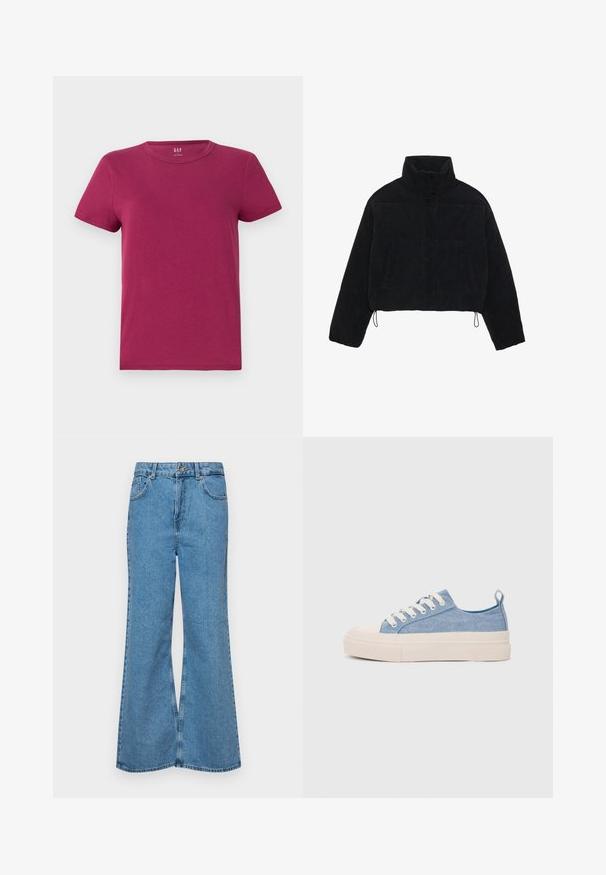 Jachetă scurtă din catifea neagră, cu guler înalt, capse și două buzunare laterale. Are un șnur ajustabil la tiv.; Tricou cu mânecă scurtă, de culoare magenta închisă, din material de bumbac, guler rotund, croi normal, cu un design curat, minimalist și fără modele sau accente vizibile.; Jeanși evazați de culoare albastru deschis, din denim, cu talie înaltă, cinci buzunare și închidere cu un singur buton. Textură moale cu un finisaj decolorat.; Sneakers din pânză de culoare albastru deschis, cu vârf și talon din cauciuc crem, având șireturi albe și un maner pe călcâi.