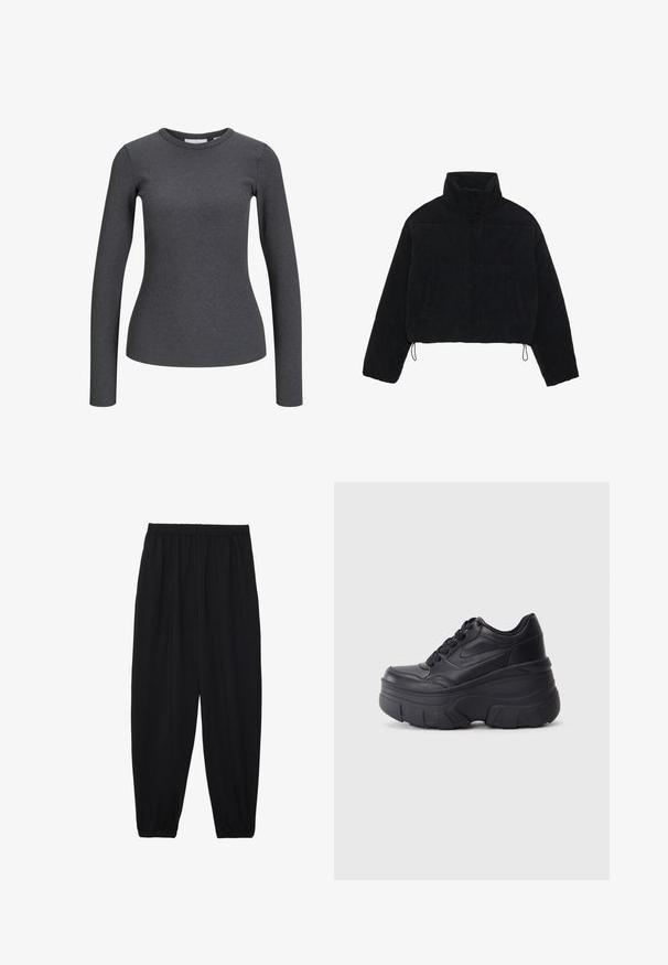 Juodas smailias trumpoji džinsinė striukė su aukštu apykakle, spaudėmis ir dviem šoninėmis kišenėmis. Yra reguliuojama virvutė prie hem.; Ilga rankovė, raštuota palaidinė tamsiai pilkos spalvos. Su apvaliomis iškirptėmis ir prigludusia siluetu. Pagaminta iš elastingos medžiagos, užtikrinančios komfortą.; Juodi, lengvi kelnių su elastinga juosmens juosta ir surinktais kulkšniais. Audinys yra lygus ir turi atsipalaidavusį, siaurėjantį dizainą.; Juodi lakuoti sportbačiai su masyviu padu, turintys sklandų odinį viršų, suapvalintą pirštą ir išskirtinį sluoksniuotą platformos dizainą.