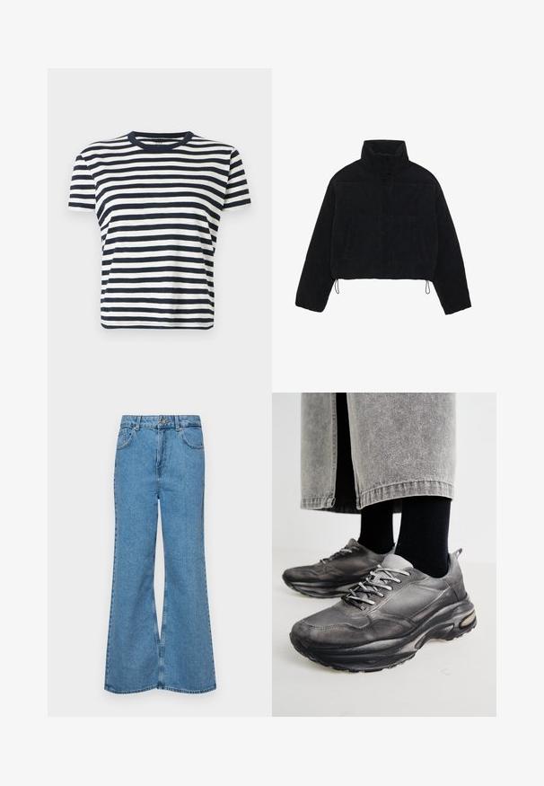 Casaco curto de veludo côr preto com colarinho alto, fechos de pressão e dois bolsos laterais. Apresenta um cordão ajustável na bainha.; T-shirt de manga curta às riscas azul-marinho e brancas com gola redonda. Tecido suave, corte relaxado e padrão de riscas horizontais consistente.; Jeans de brim azuis claros, com corte à boca de sino, apresentando uma cintura alta, cinco bolsos e um fecho de botão único. Textura macia com acabamento desbotado.; Sapatilhas atléticas pretas e cinzentas apresentam um upper em malha, solas espessas e atacadores. Têm um bico arredondado e detalhes de amortecimento visíveis.