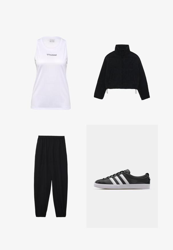Czarna kurtka z kordurowego materiału o kroju cropped, z wysokim kołnierzem, zapięciami na napy i dwoma bocznymi kieszeniami. Posiada regulowany sznurek na dole.; Biała sportowa koszulka bez rękawów, uszyta z teksturowanej tkaniny, z okrągłym dekoltem i srebrnym logo "hummel" z przodu.; Czarne, lekkie spodnie z elastycznym pasem i ściągaczami na kostkach. Materiał jest gładki i ma luźny, zwężany krój.; Czarny skórzany tenisówka z białym wzorem trzech pasków, okrągłym noskiem, płaską białą gumową podeszwą i detalem z logo po boku.