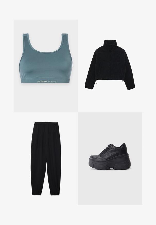 Black corduroy cropped jacket with a high collar, snap fasteners, and two side pockets. Features an adjustable drawstring at the hem.; Sport bra in dark teal, made of soft, stretchy fabric. Features a scoop neckline and elastic band with "7 DAYS ACTIVE" printed in light color.; Black, lightweight pants with an elastic waistband and gathered ankles. The fabric is smooth and features a relaxed, tapered design.; Black lace-up sneakers with a chunky sole, featuring smooth leather upper, rounded toe, and distinct layered platform design.
