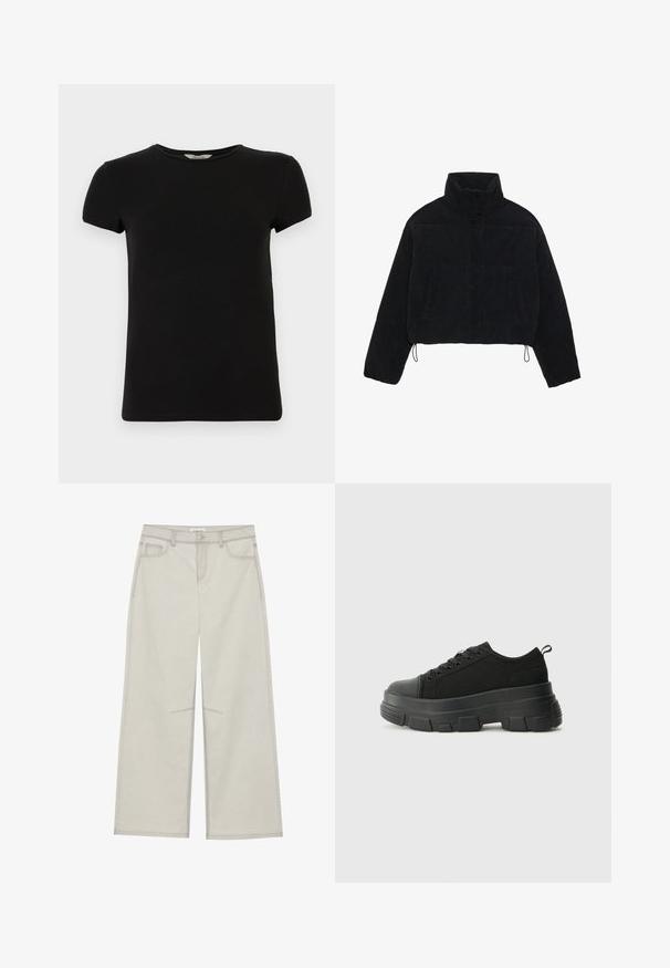 Černá kordurová zkrácená bunda s vysokým límcem, patentky a dvěma bočními kapsami. Obsahuje nastavitelnou šňůrku na lemu.; Černé tričko s krátkým rukávem a kulatým výstřihem, vyrobené z hladké bavlněné tkaniny, s jednoduchým designem a bez viditelných vzorů nebo akcentů.; Světle šedé kalhoty s širokými nohavicemi, pěti kapsami, předním zapínáním na knoflík a kontrastním stehem podél švů. Materiál vypadá jemně a odolně.; Černé tenisky s robustní gumovou podrážkou, vrchní část z texturované tkaniny, kulatá špička a šněrovací design. Obsahují zesílené okraje pro tkaničky a poutko na zadní straně.