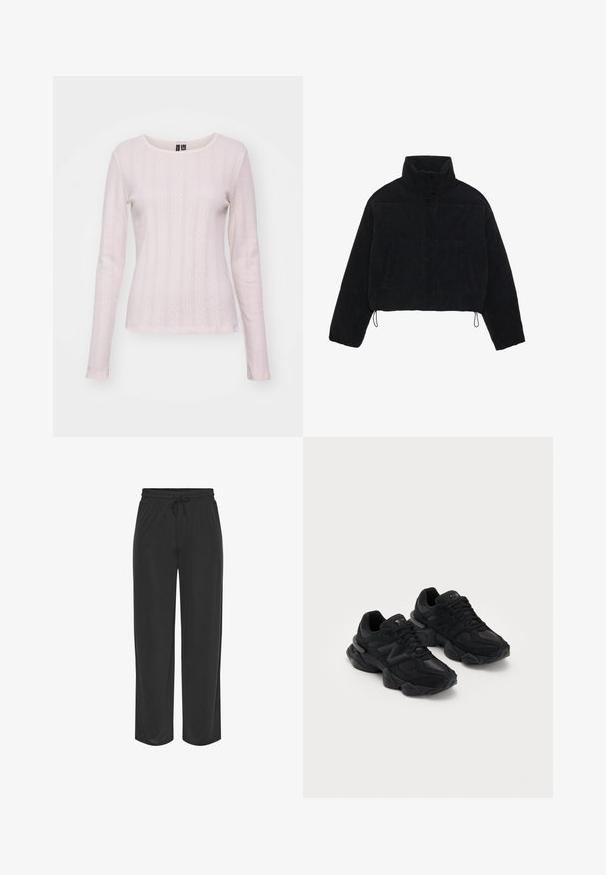 Juodas smailias trumpoji džinsinė striukė su aukštu apykakle, spaudėmis ir dviem šoninėmis kišenėmis. Yra reguliuojama virvutė prie hem.; Šviesiai rožinė ilgomis rankovėmis palaidinė, pagaminta iš tekstūruotos megztos medžiagos su vertikaliais raštais ir deimanto formos ornamentais. Apvalus kaklo iškirpimas ir prigludusi siluetas.; Juodos, lengvos sportinės kelnės su elastine juosta ir reguliuojamu raiščiu. Tiesaus kojos plano dizainas, su lygiu tekstūra ir be raštų.; Juodos sportinės bateliai su tekstūruotu paviršiumi, turintys išryškintą "N" ženklą, paminkštintą padas ir elegantišką, modernią siluetą.