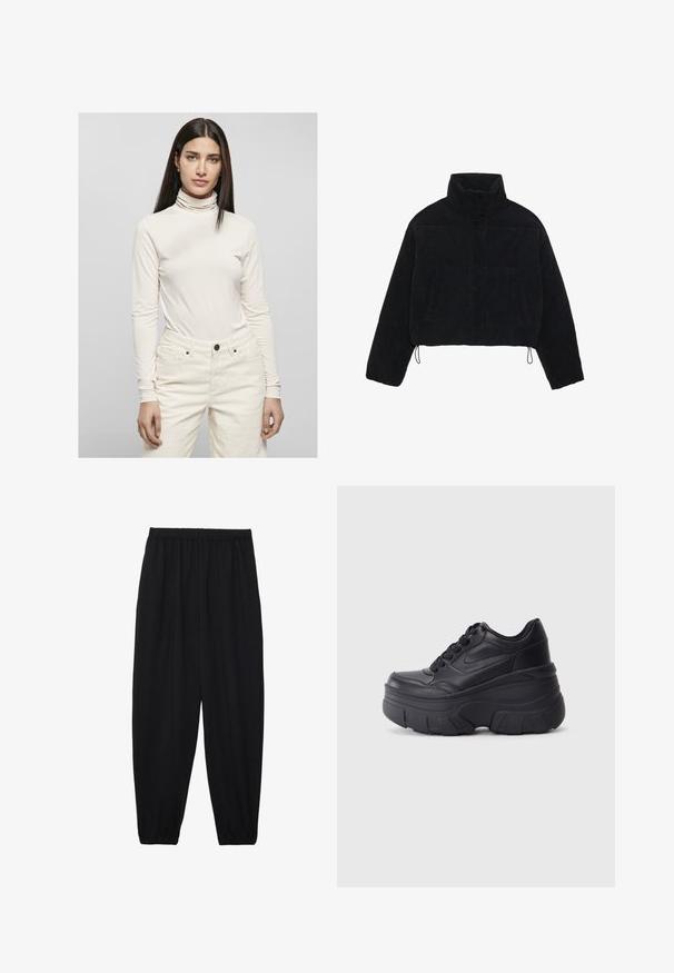 Svart corduroy cropped jakke med høy krage, trykknapper og to sidelommer. Har justerbar snøring i kanten.; Beige genser med høy hals laget av glatt stoff med lange ermer, kombinert med lyse kordfløyel bukser med lommer og knappelukking.; Svarte, lette bukser med elastisk liv og rynkede ankler. Stoffet er glatt og har en avslappet, innsvingt design.; Sorte snøresko med tykk såle, med et glatt læroverdel, rund tå og distinkt lagdelt plattformdesign.