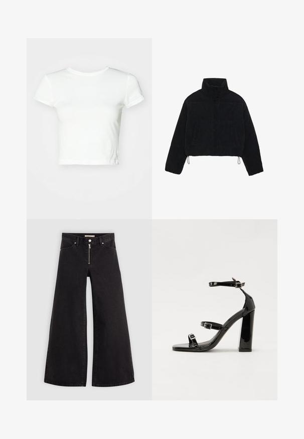 Fekete kordbársony cropped dzseki magas gallérral, patentgombokkal és két oldalsó zsebbel. Az alján állítható zsinór található.; Weekday TIGHT FITTED - Basic póló - white; Fekete denim széles szárú farmer, cipzáros elejével, öt zsebes kialakítással és diszkrét varrással. Sima textúra és laza stílus.; Fekete lakk magas sarkú szandál négyzet alakú orral, bokapántokkal és ezüst csatokat tartalmaz. Masszív blokk sarka a stabilitásért felel.