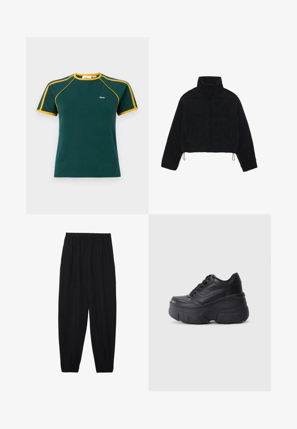 Juodas smailias trumpoji džinsinė striukė su aukštu apykakle, spaudėmis ir dviem šoninėmis kišenėmis. Yra reguliuojama virvutė prie hem.; Žalias medvilnės marškinėliai su geltonais akcentais ant apykaklės ir rankovių, su mažuoju baltu logotipu krūtinėje ir klasikiniu apvaliu kaklu.; Juodi, lengvi kelnių su elastinga juosmens juosta ir surinktais kulkšniais. Audinys yra lygus ir turi atsipalaidavusį, siaurėjantį dizainą.; Juodi lakuoti sportbačiai su masyviu padu, turintys sklandų odinį viršų, suapvalintą pirštą ir išskirtinį sluoksniuotą platformos dizainą.