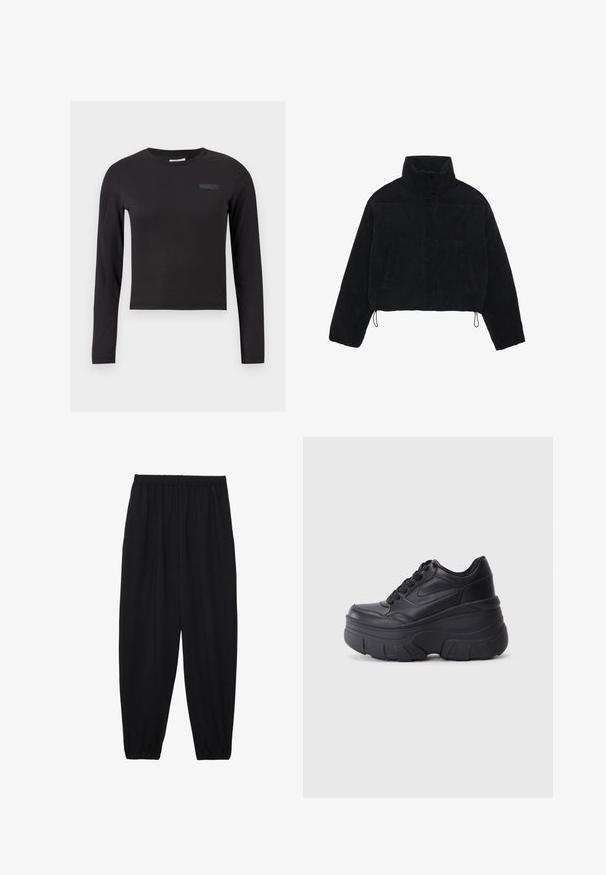 Czarna kurtka z kordurowego materiału o kroju cropped, z wysokim kołnierzem, zapięciami na napy i dwoma bocznymi kieszeniami. Posiada regulowany sznurek na dole.; Czarny krótki top z długim rękawem wykonany z elastycznego materiału, z okrągłym dekoltem i małym logo nadrukowanym na piersi.; Czarne, lekkie spodnie z elastycznym pasem i ściągaczami na kostkach. Materiał jest gładki i ma luźny, zwężany krój.; Czarne sznurowane trampki z masywną podeszwą, z gładkim skórzanym wierzchem, zaokrąglonym noskiem i wyraźnym, warstwowym designem platformy.