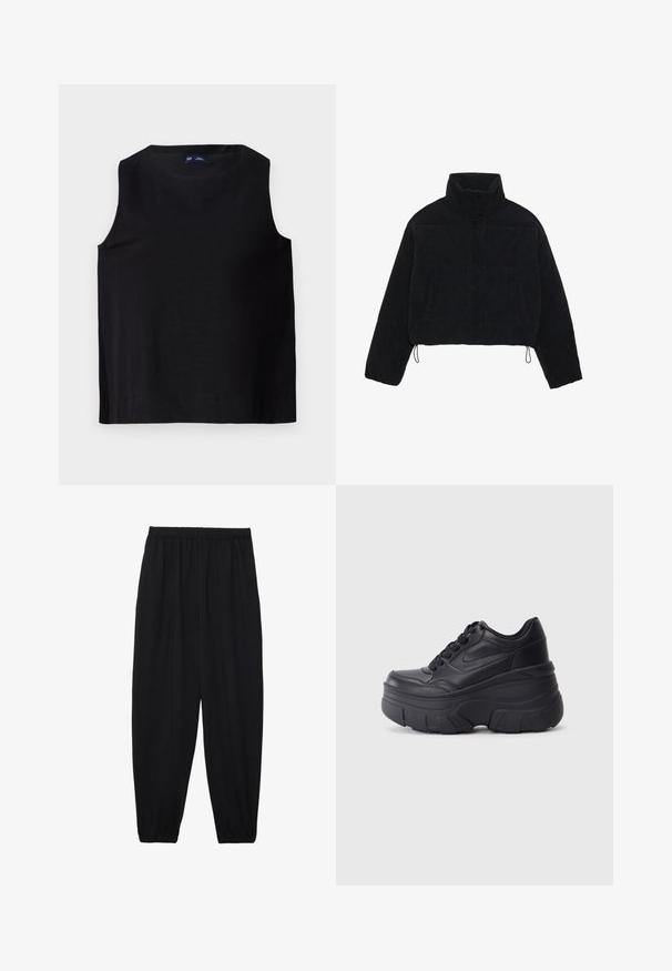 Veste cropped en velours côtelé noir avec un col haut, des boutons-pression et deux poches latérales. Dotée d'un cordon de serrage ajustable à l'ourlet.; Haut sans manches noir avec un col rond, fabriqué à partir d'un tissu lisse. Présente une coupe droite et un ourlet propre, au design minimaliste.; Pantalons noirs légers avec une taille élastique et des chevilles froncées. Le tissu est lisse et présente un design décontracté et fuselé.; Baskets noires à lacets avec une semelle épaisse, présentant un dessus en cuir lisse, un bout arrondi et un design de plateforme en couches distinct.